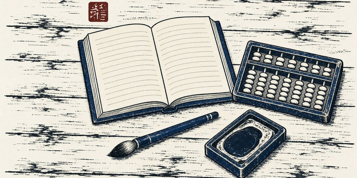 古い帳面と算盤、筆と硯