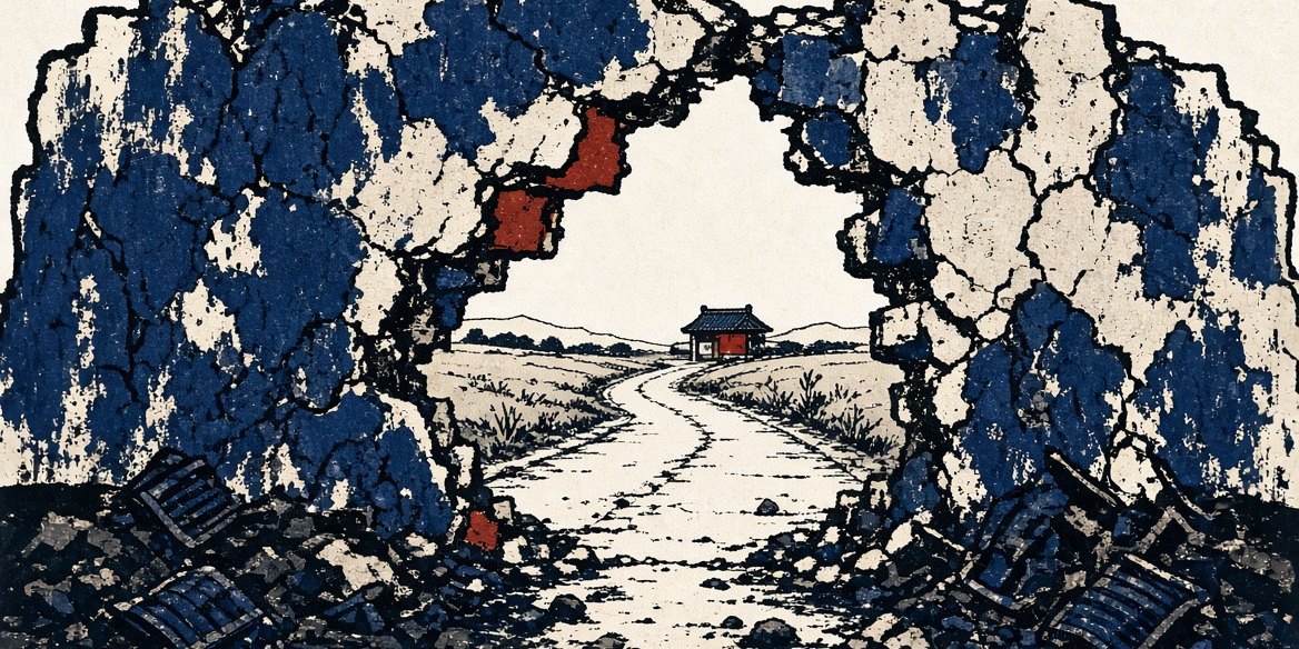崩れた土塀の向こうに続く道