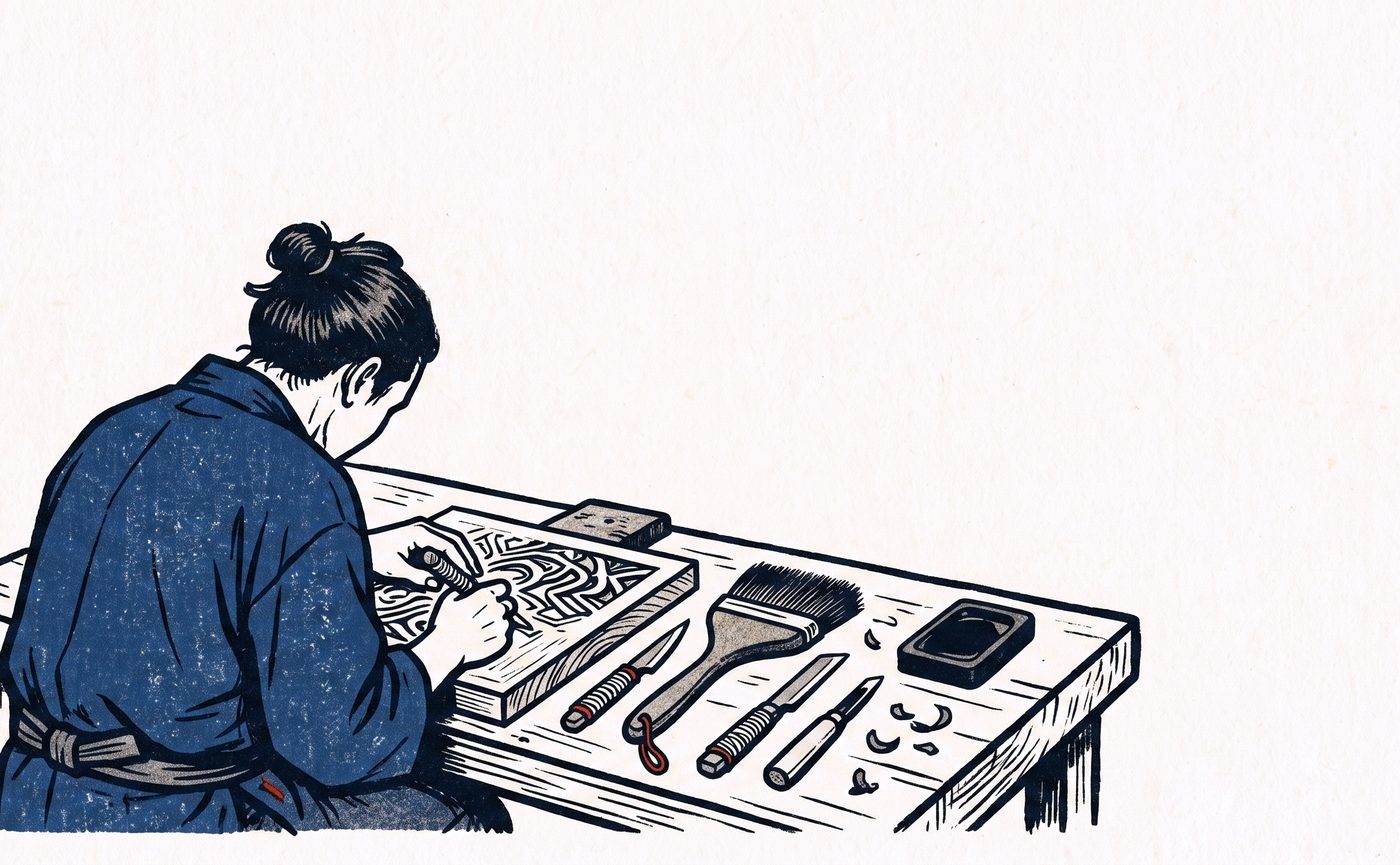 一人の職人が、作業台で一枚の版木を最初から最後まで彫っている