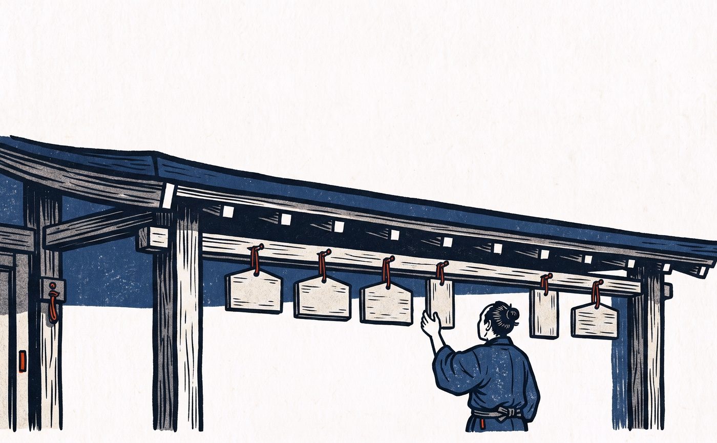 大きな建物の軒下に並ぶ小さな木札。その一枚の前に立つ店主の後ろ姿