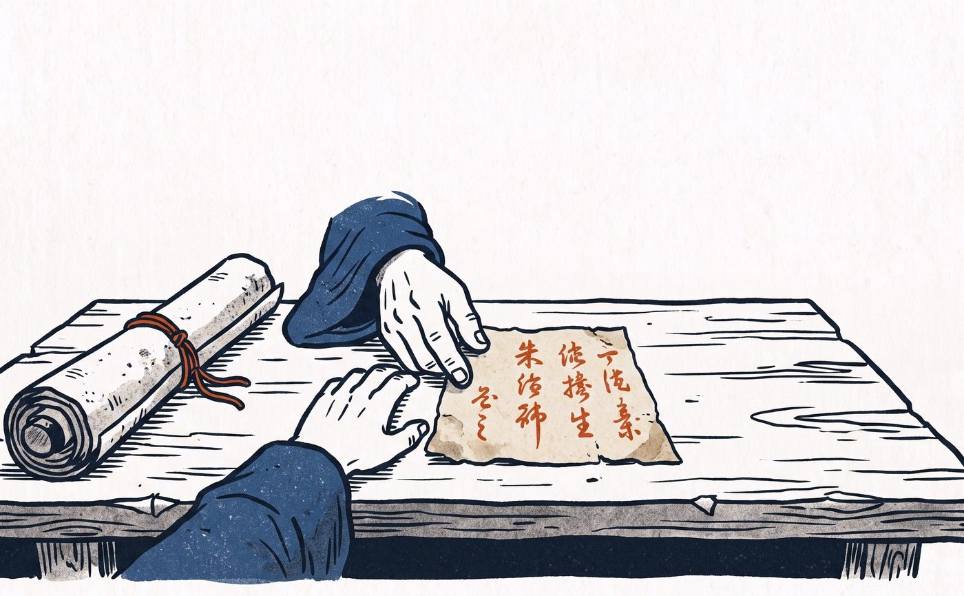 三行だけ書かれた短い紙を差し出す手。長い巻物は脇にどけてある