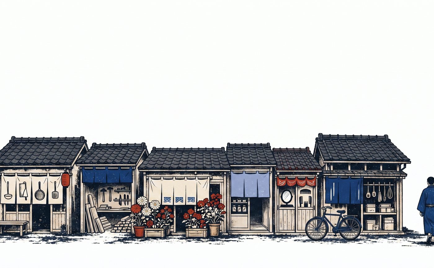 通りに並ぶ六軒の店。それぞれ違う暖簾が掛かっている
