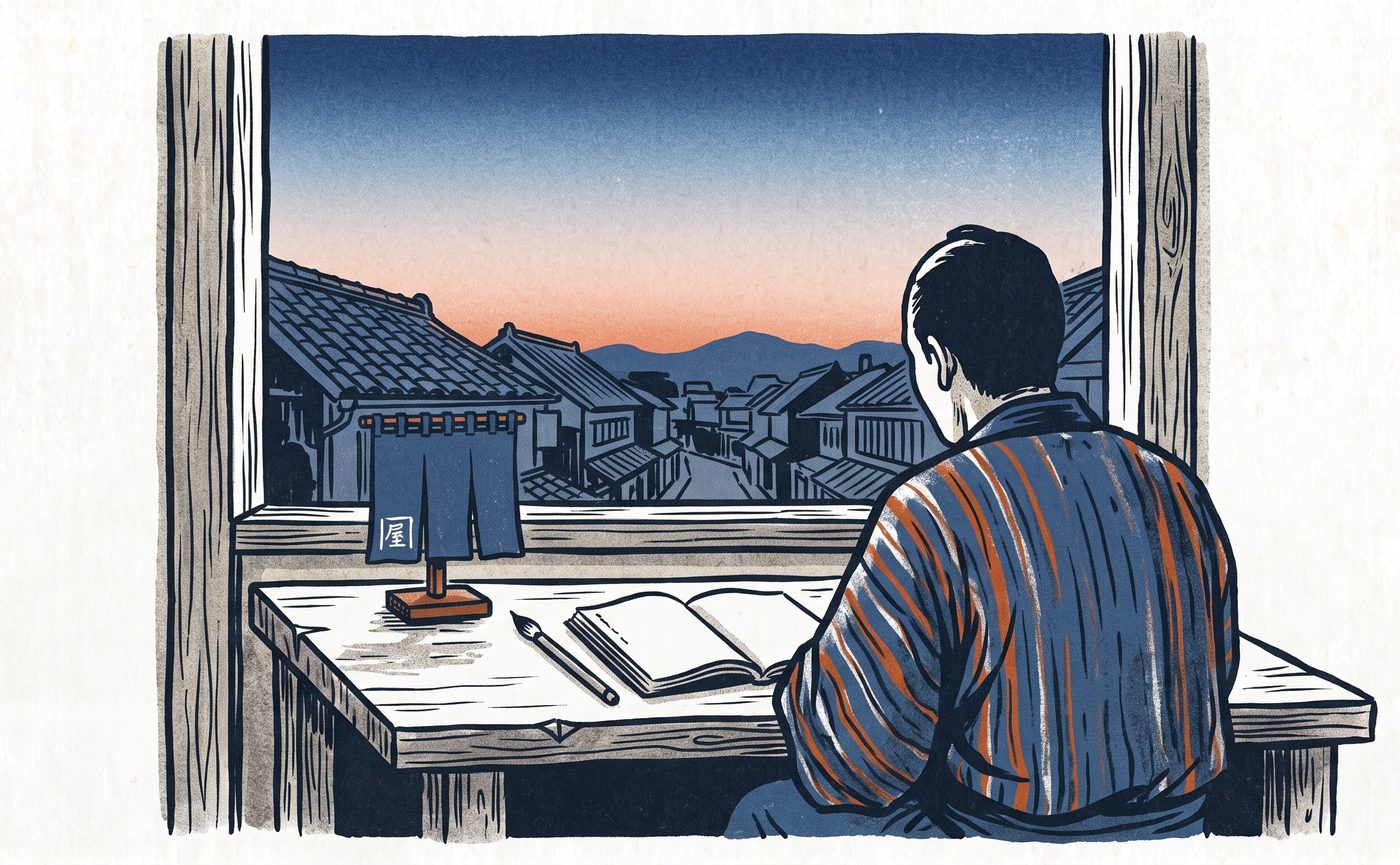 窓辺の作業机に向かう人の後ろ姿。帳面と筆、外は夕方の町