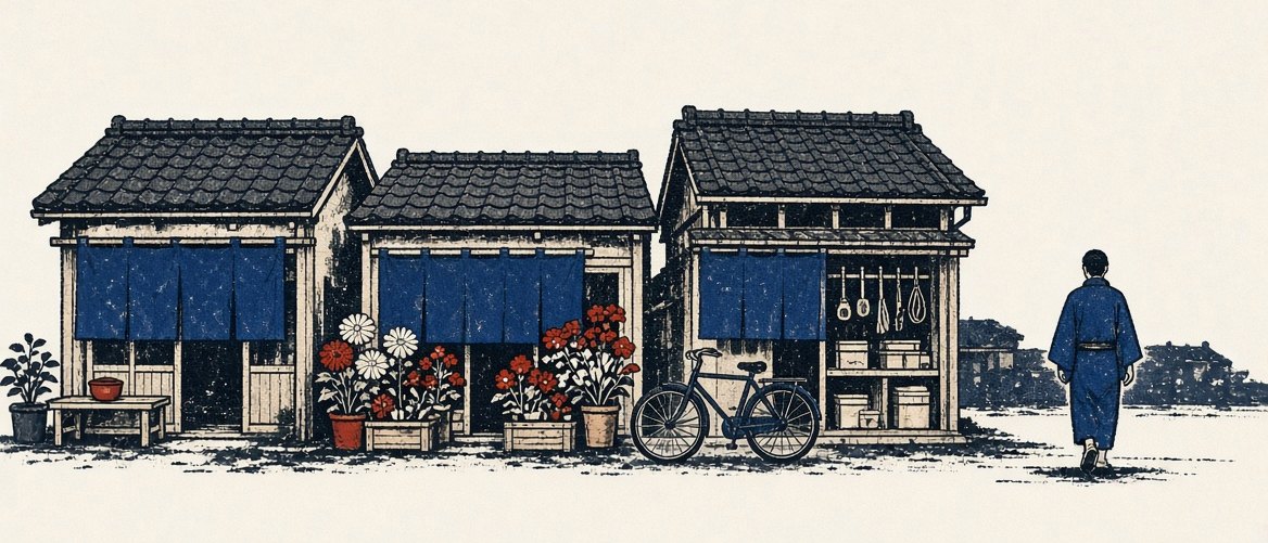商店街の店先に藍の暖簾が下がっている